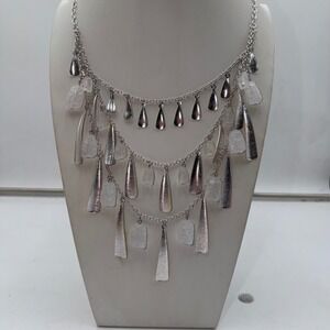 Premier Designs Layered Silver Tone Necklace with Clear Crystal Accents